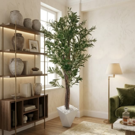 Artificial Olive Plant with Decorative Vase and Pebbles
