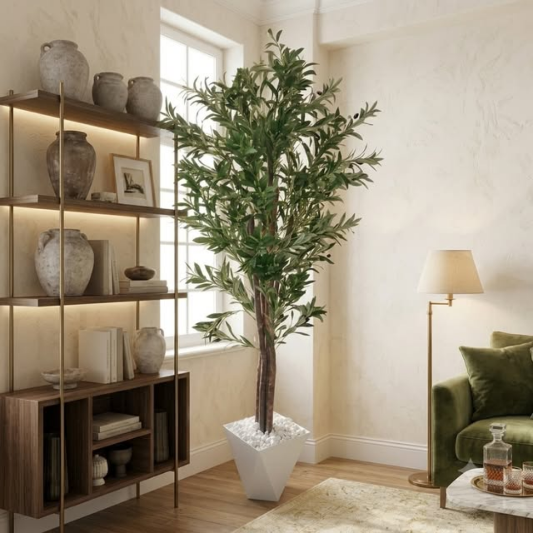 Artificial Olive Plant with Decorative Vase and Pebbles