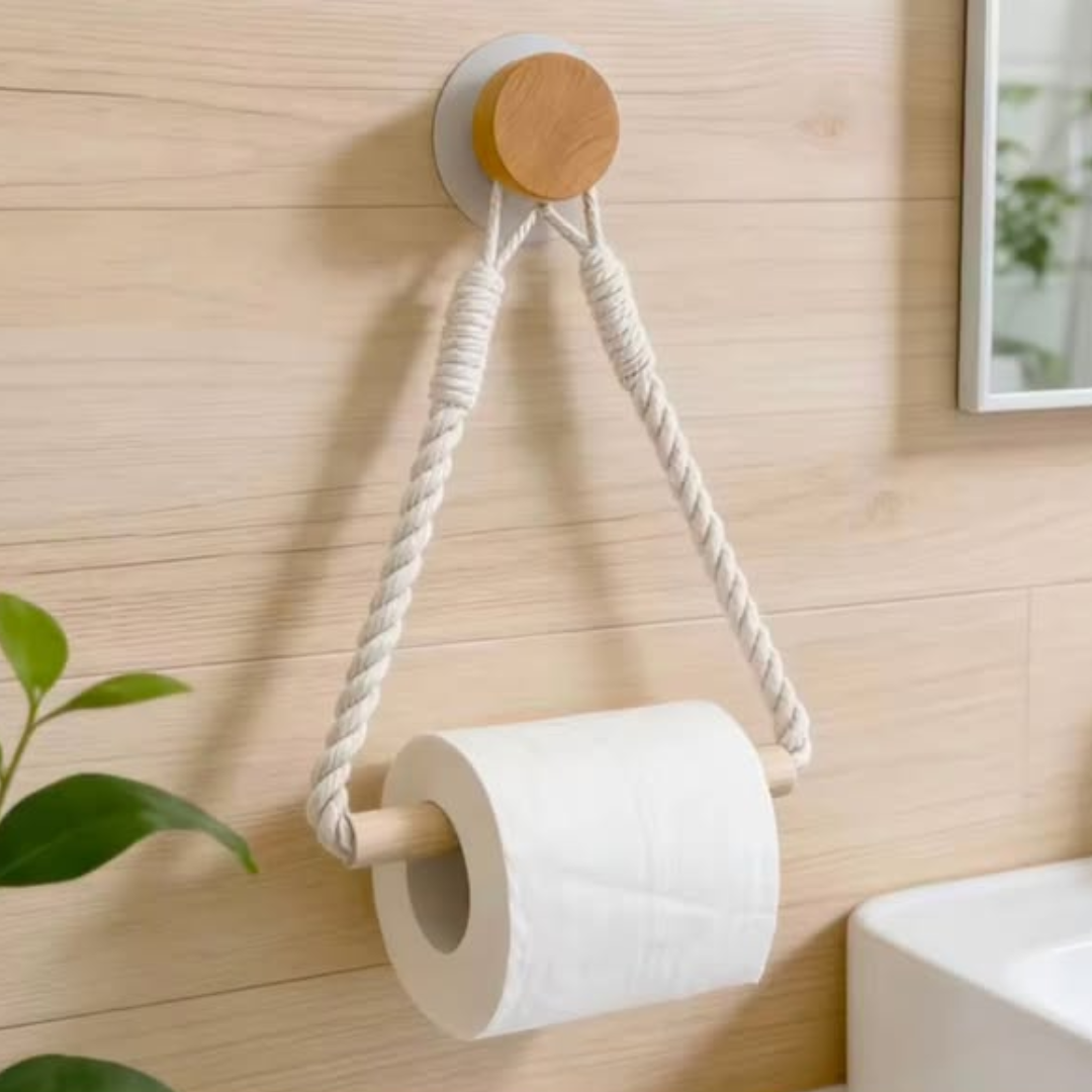 White Cotton Rope and Wooden Rod Paper Holder